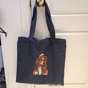 Stylish Handmade Denim Tote Bag With Lurex And Fashion Illustration